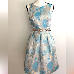 Tahari ASL Levine Blue Gold Rose Gold Fit and Flare Jacquard NWOT